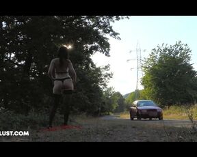 Public flashing, hotwife Ella lets her dress fall off when a car drives by - EllaExhib