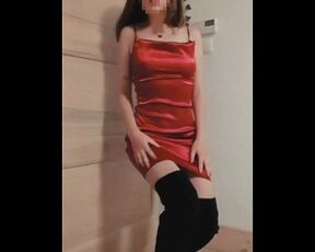 classy thin teen with long hair in a red dress posing and making you cum