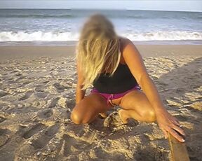 Beautiful Blonde MILF Barefoot Beach Princess lifting her skirt exposing her shaved pussy and peeing