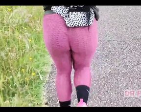 Ebony with Big Ass in Leggings Running Alone in the Forest